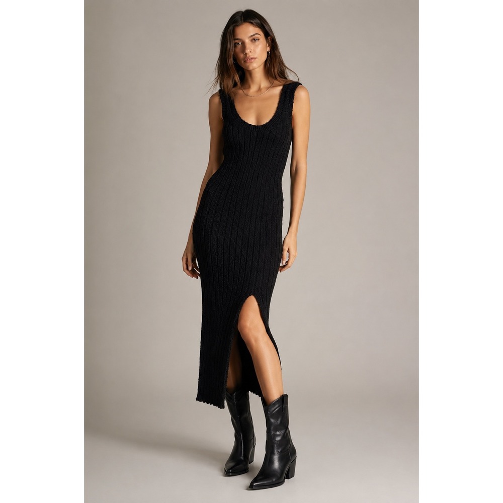 all:row Black Ribbed Knit Sleeveless Midi Dress with Front Slit Cotton Small